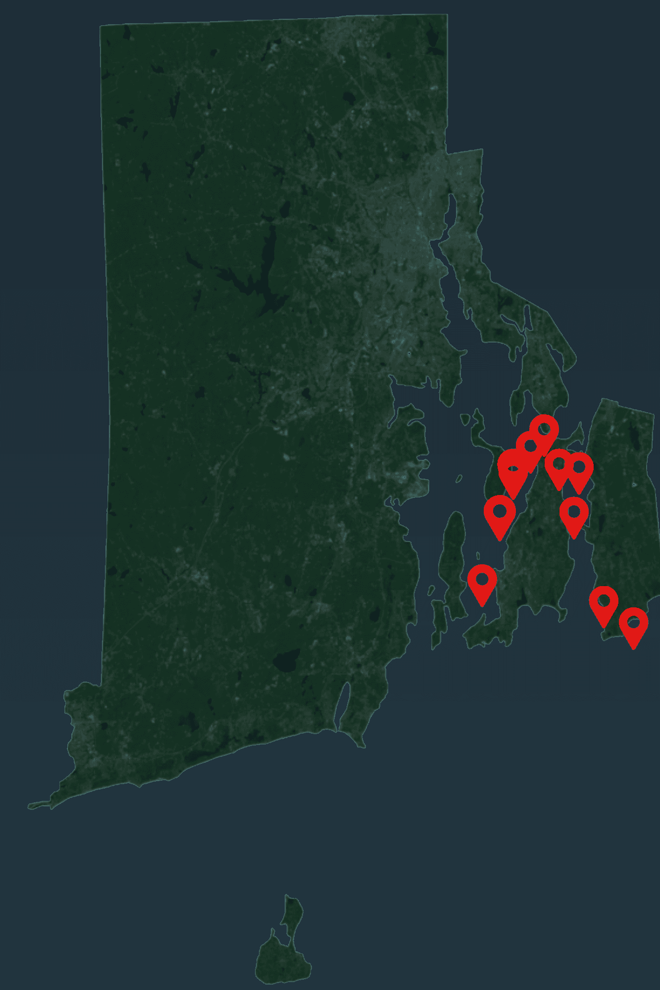 Rhode Island service map with Forrest Underwater project pins around Narragansett Bay
