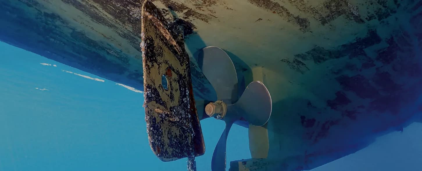 Underwater view of a boat propeller, rudder, running gear, and hull growth